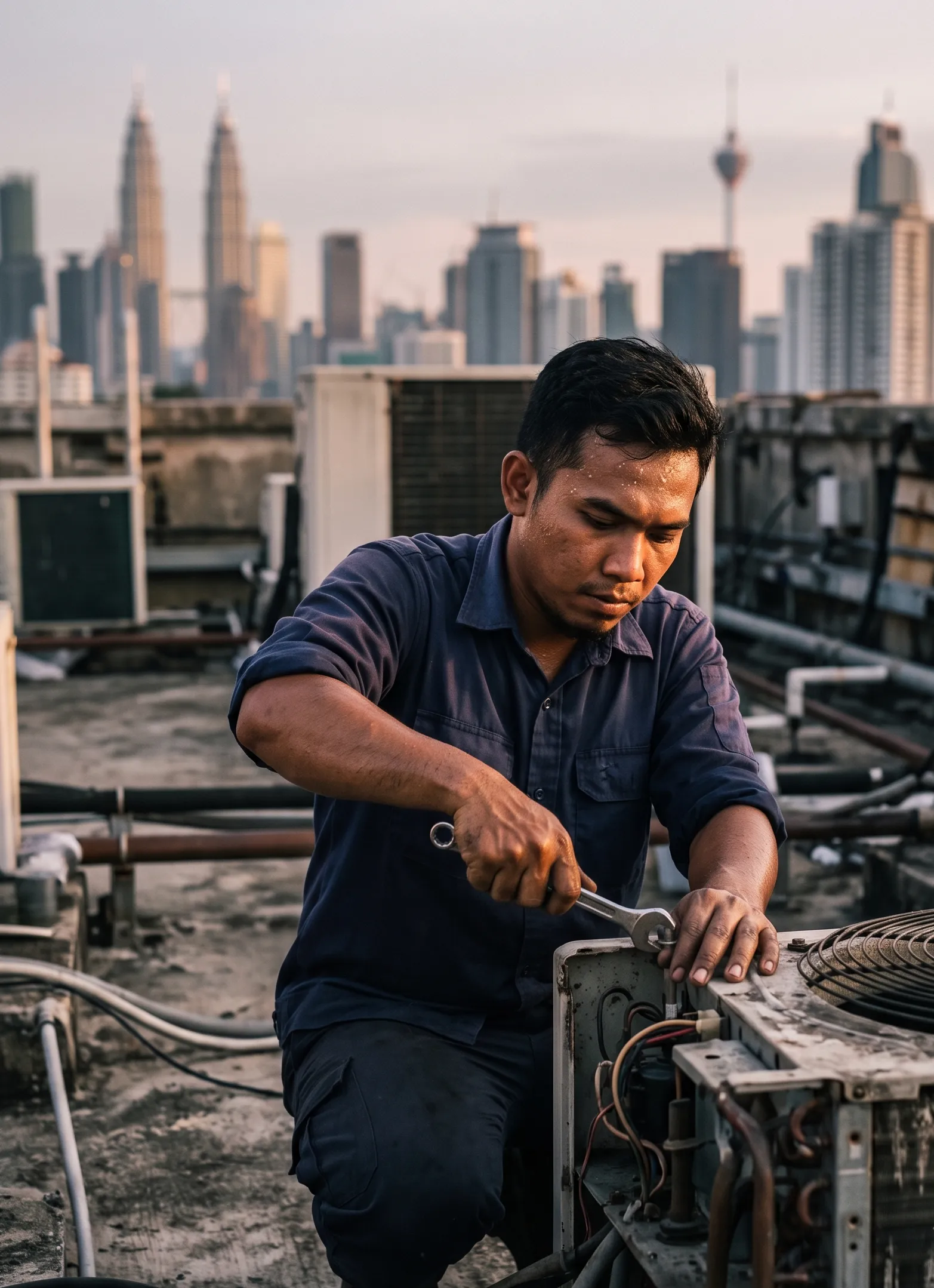A Fixers Academy technician at work on a Kuala Lumpur rooftop